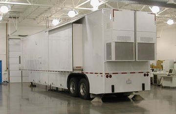 a wheeled mobile truck attachment that contains a medical scanner, for mobile CT and MRI scanning services